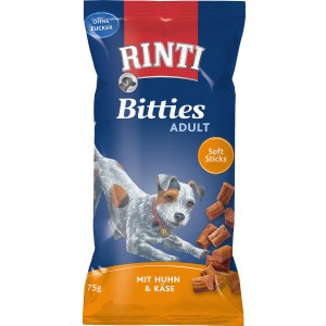 Rinti Bitties Adult Hunde-Snacks mit Huhn & Käse, 75g Packung.