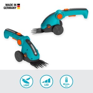 Gardena Akku-Grasschere ComfortCut Li Set mit Teleskopstiel und Laufrädern.
