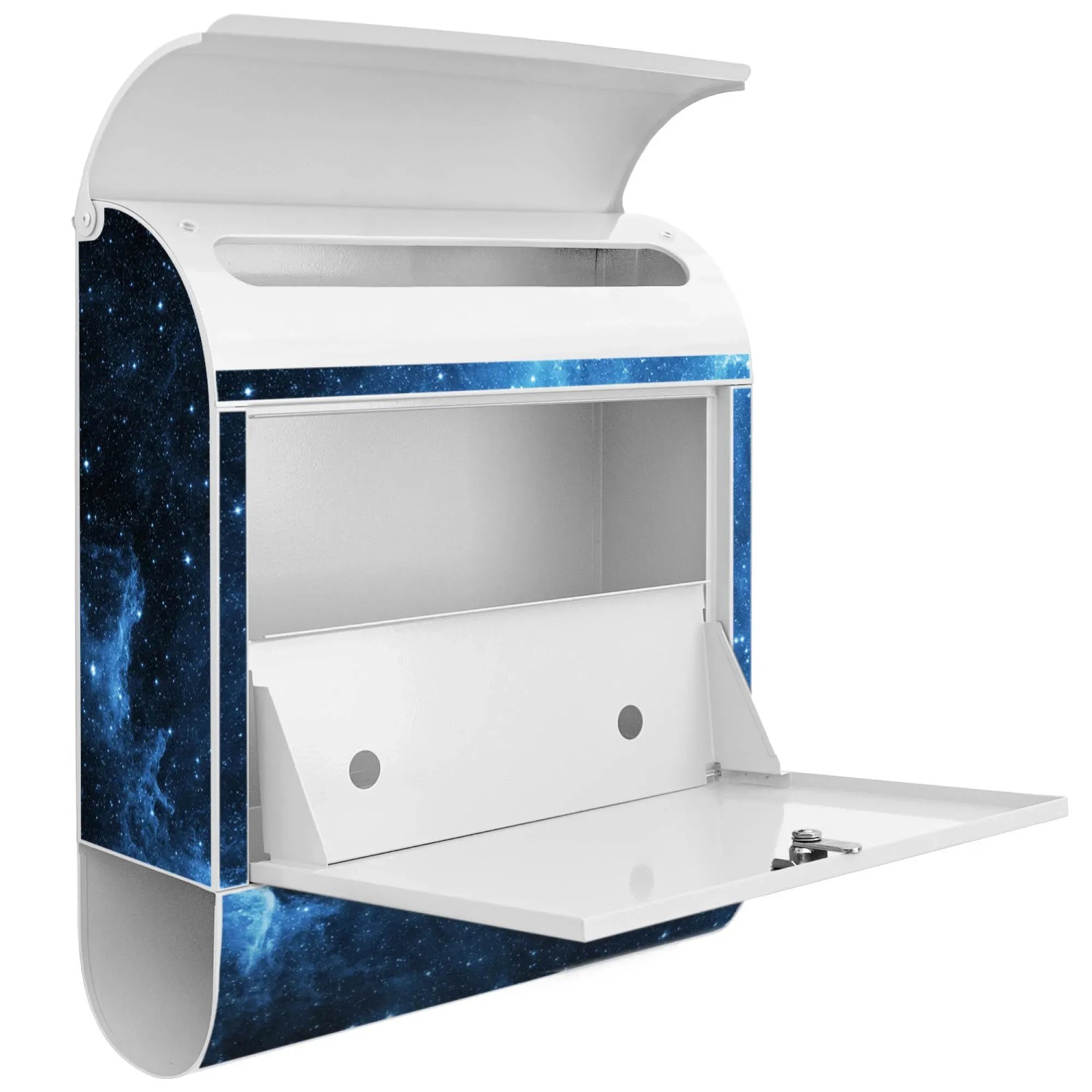 Weißer Design Briefkasten mit Universum Motiv und Zeitungsfach, pulverbeschichtet.