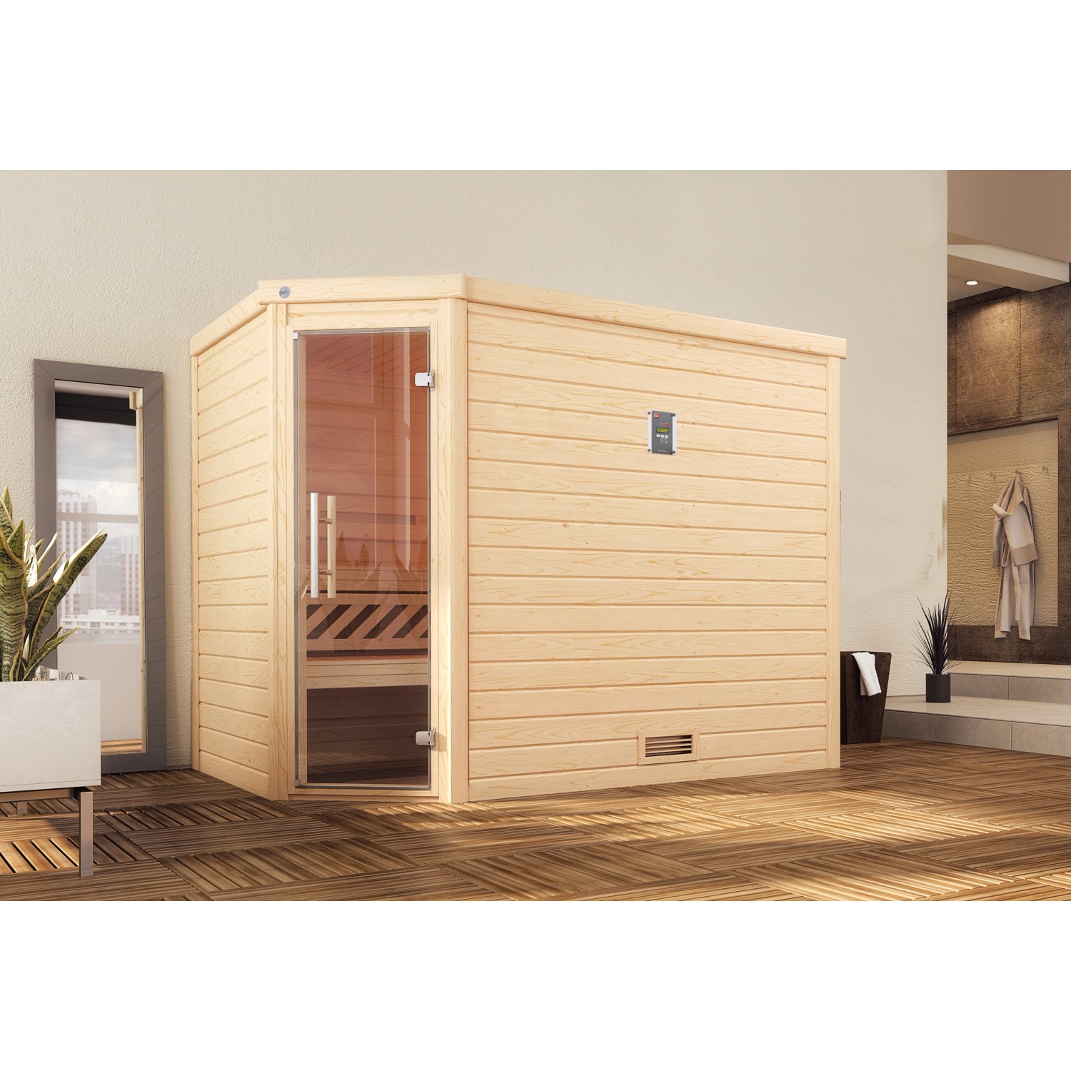 Weka Massivholzsauna 45 mm Turku 3 mit Glastür