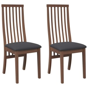 2 braune Esszimmerstühle aus Massivholz mit grauen Sitzkissen.