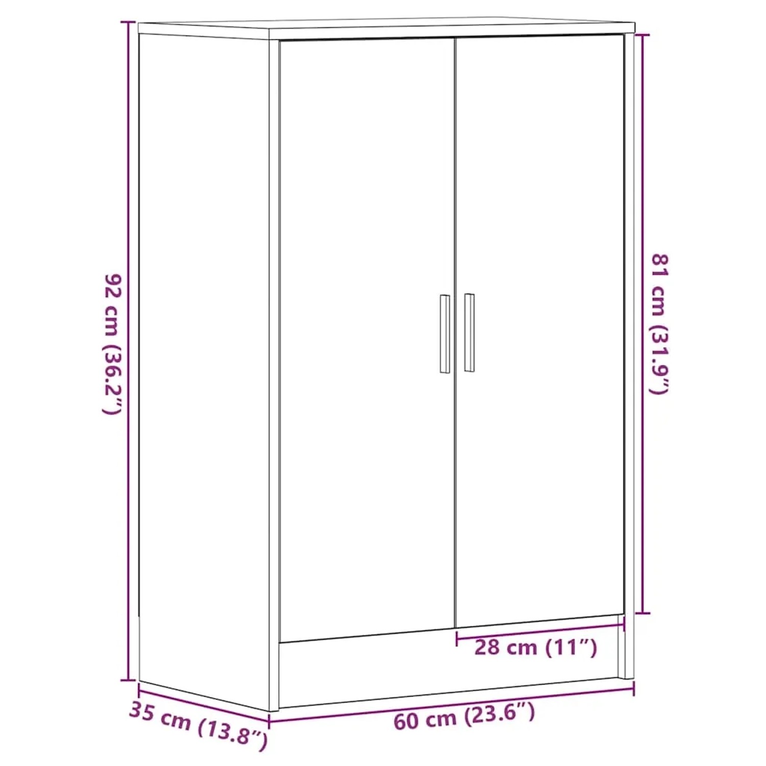 vidaXL Schuhschrank, schwarz, Eichenoptik, 60x35x92cm, Holzwerkstoff. Schuhkommode mit zwei Türen.