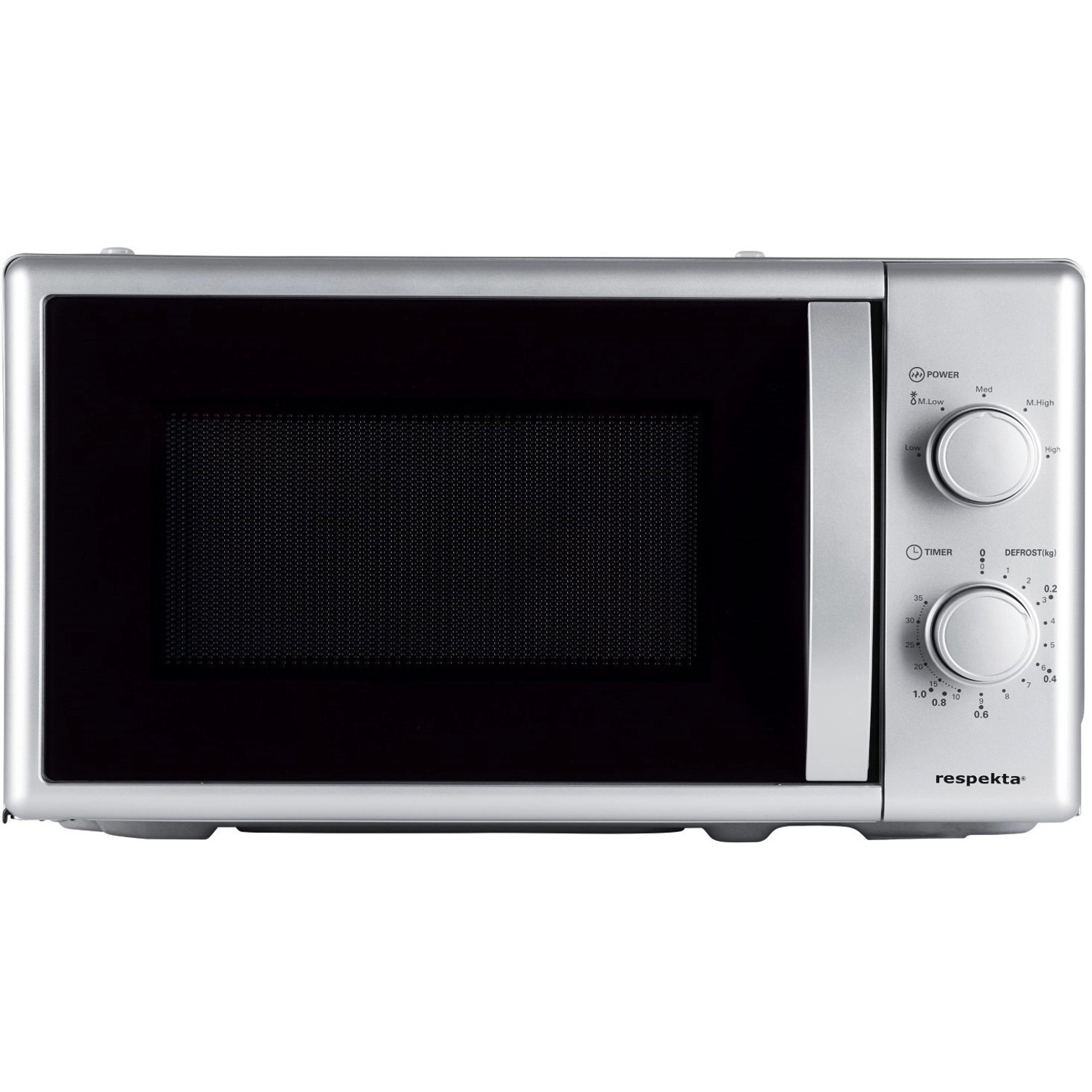 Respekta Mikrowelle MW700 für Küchenzeile KB150WWBMICG, silberfarben mit Drehwählern.