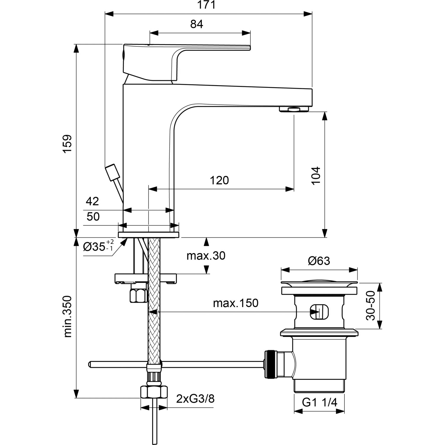 Technische Zeichnung: Ideal Standard Cerafine D Waschtischarmatur H105 Chrom mit Maßen.