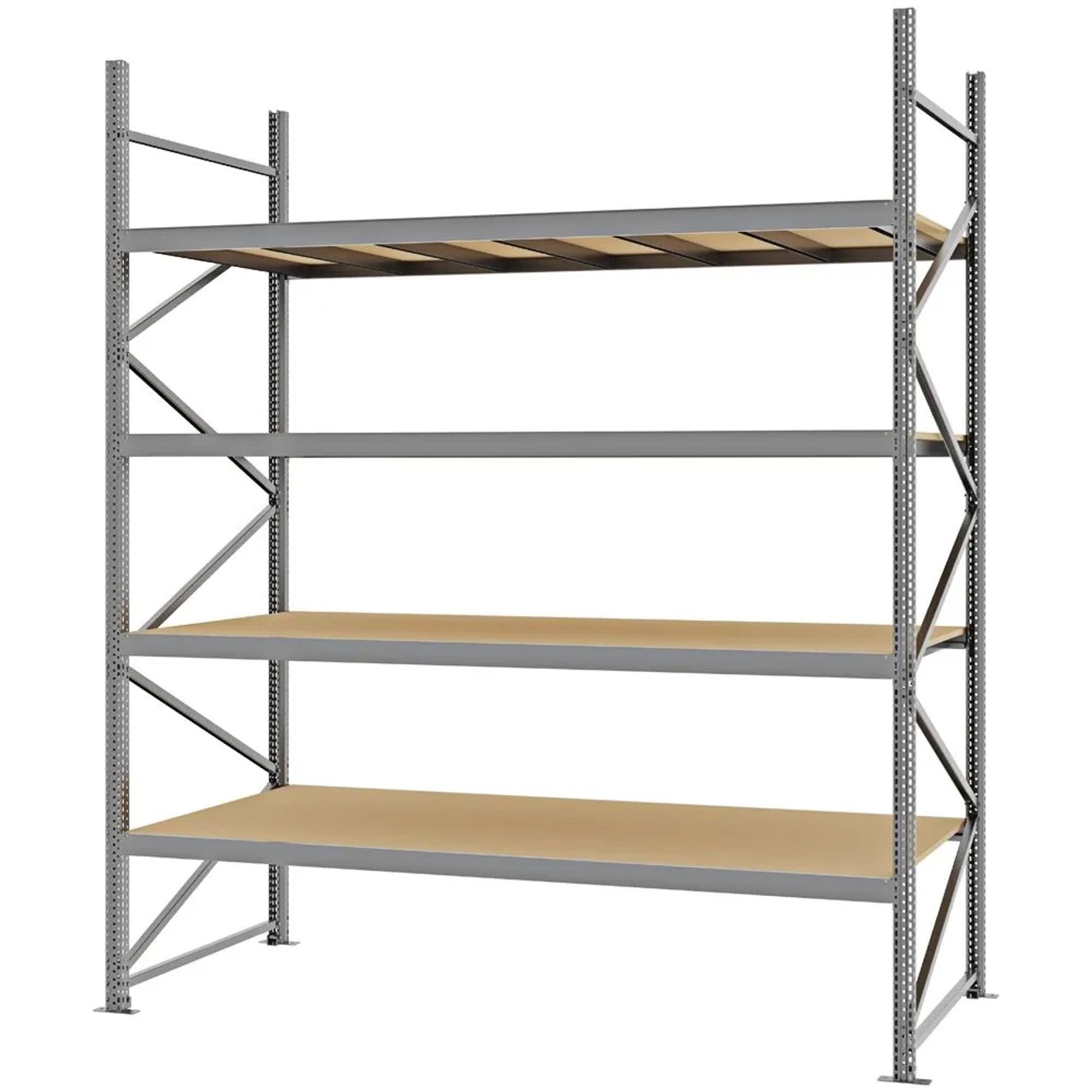 PROREGAL Weitspannregal Schraub-Stecksystem MAGNUS PRO Made In Germany Grundregal 300x250x100cm 4 Ebenen Spanplattenböden Fachlast 430kg Verzinkt