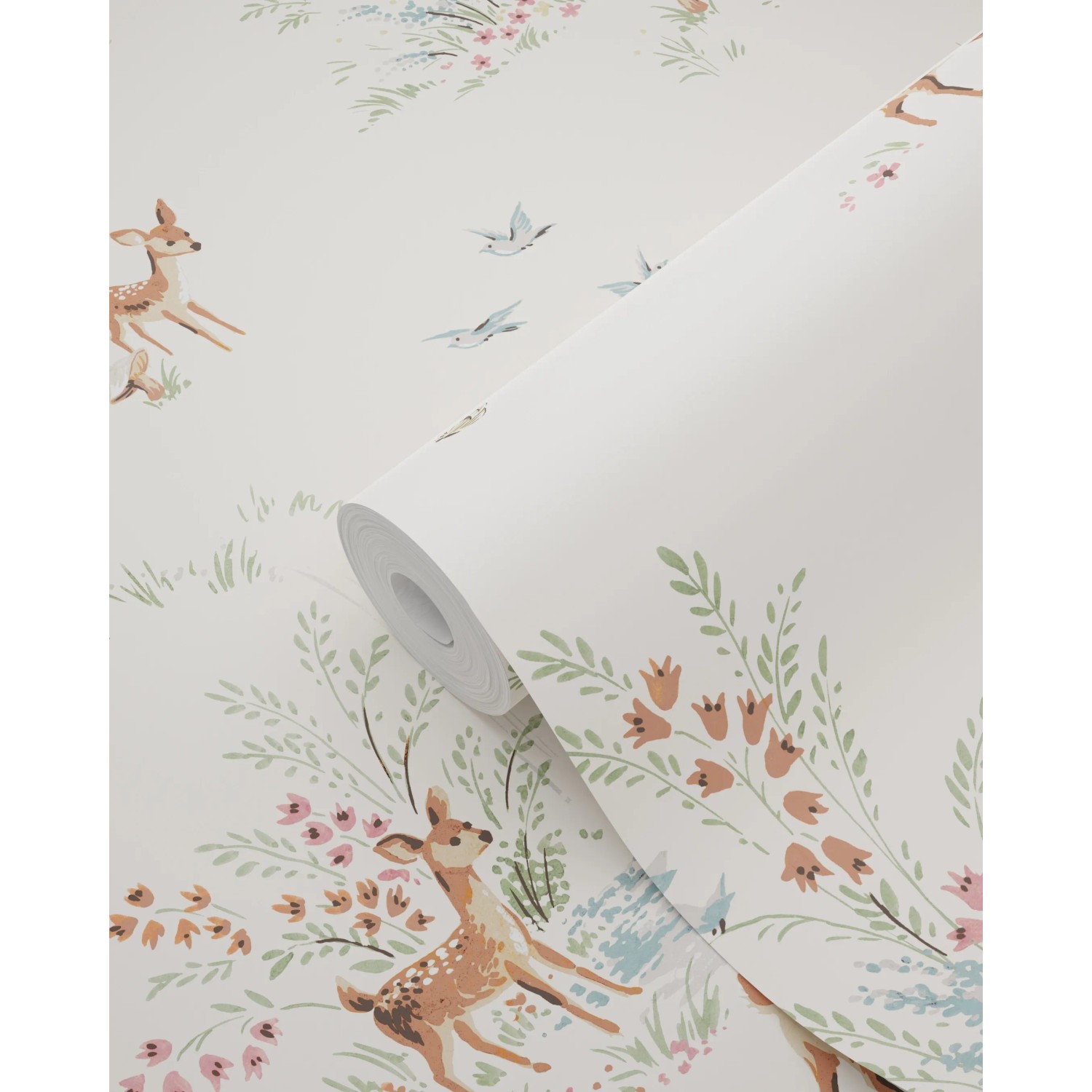 ESTAhome Vliestapete Hirsche Crème-Beige. Rolle mit Muster aus Rehen, Vögeln und Blumen.