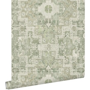 ESTAhome Vliestapete mit orientalischem Kelim Patchwork Muster in Graugrün.
