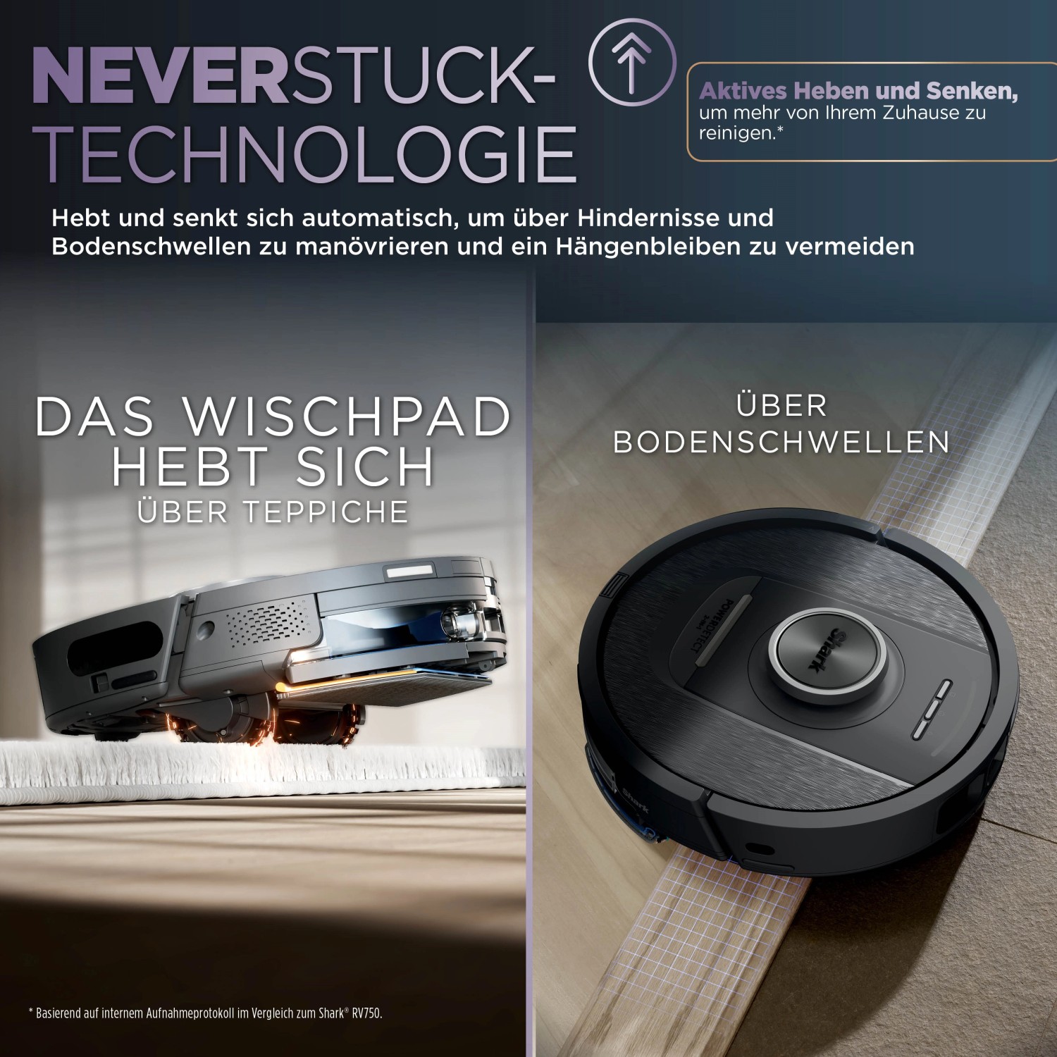 Shark Saug- und Wischroboter RV2800YEEU mit Hindernisüberwindung und automatischer Wischpad-Anhebung.