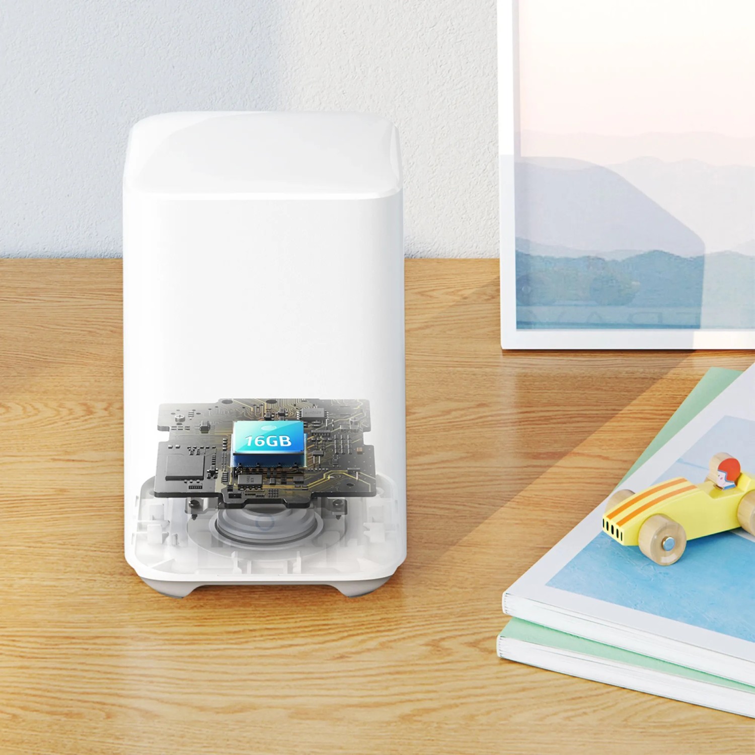 Eufy HomeBase 2 für S221 Überwachungskamera, Detailaufnahme der internen Speicherkomponenten.