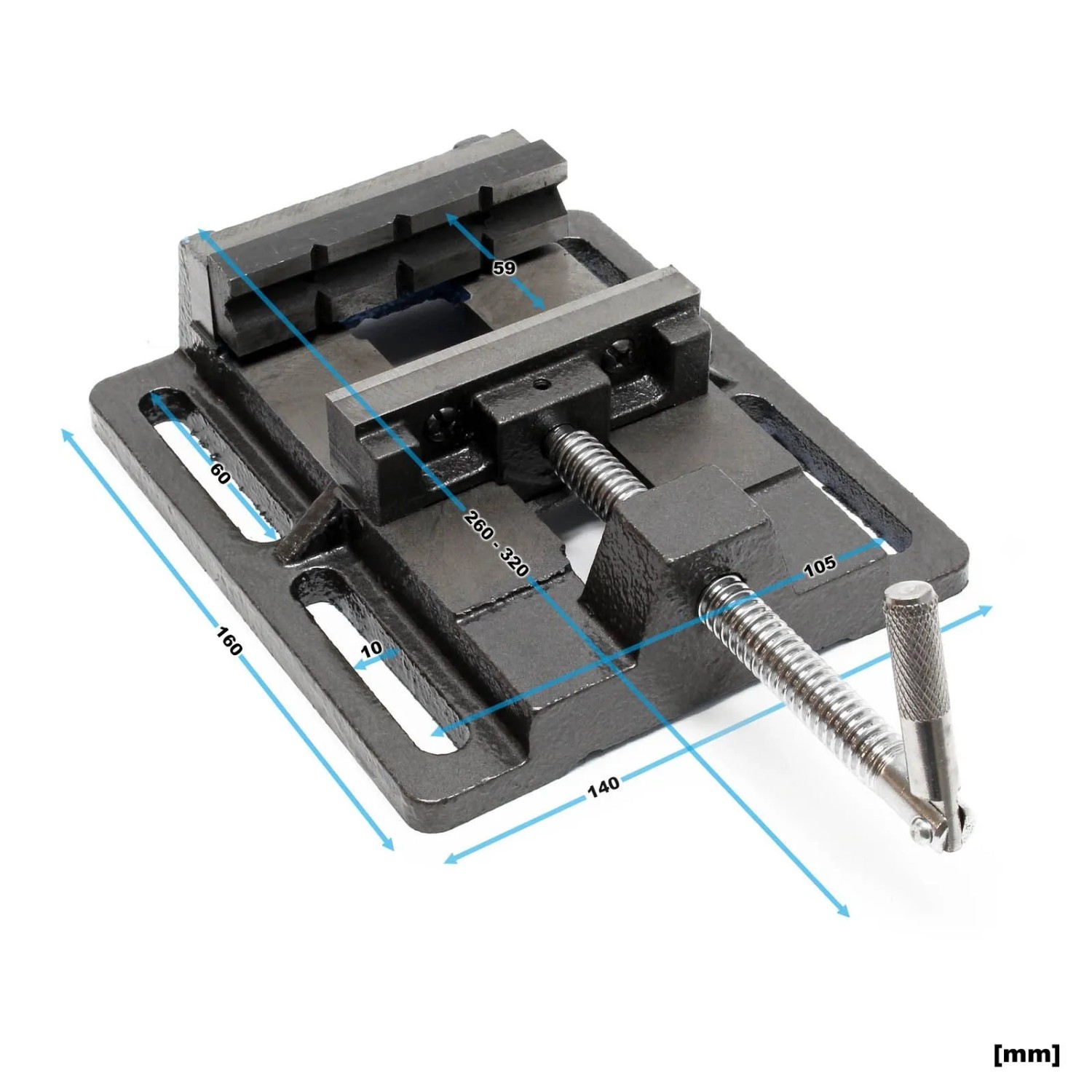 Robuster Wiltec Maschinenschraubstock aus Gusseisen mit Maßen, für präzises Spannen in Werkstatt & Tischbohrmaschine.