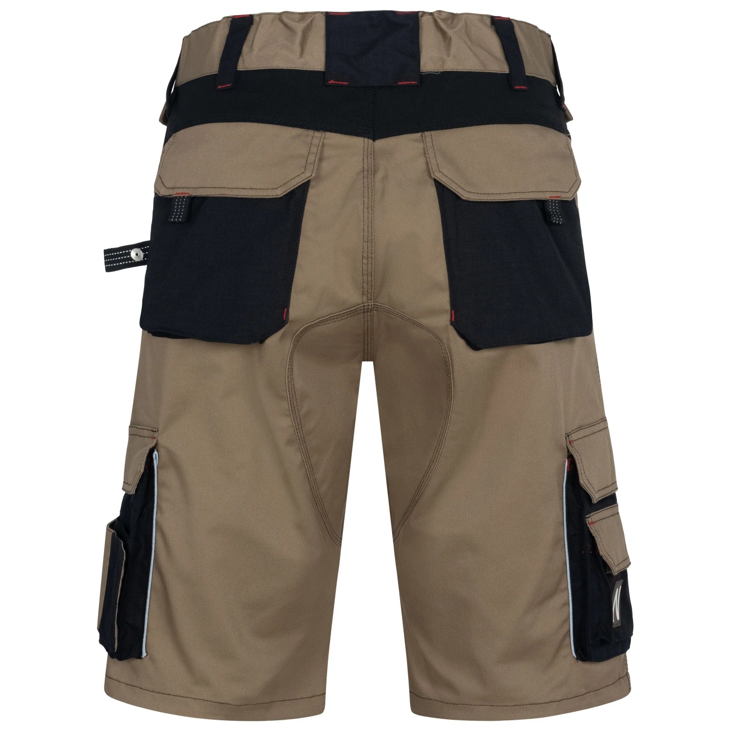 Nitras kurze Arbeitshose Motion Tex Pro FX Khaki-Schwarz, Rückansicht mit robusten Taschen und Reflexstreifen.