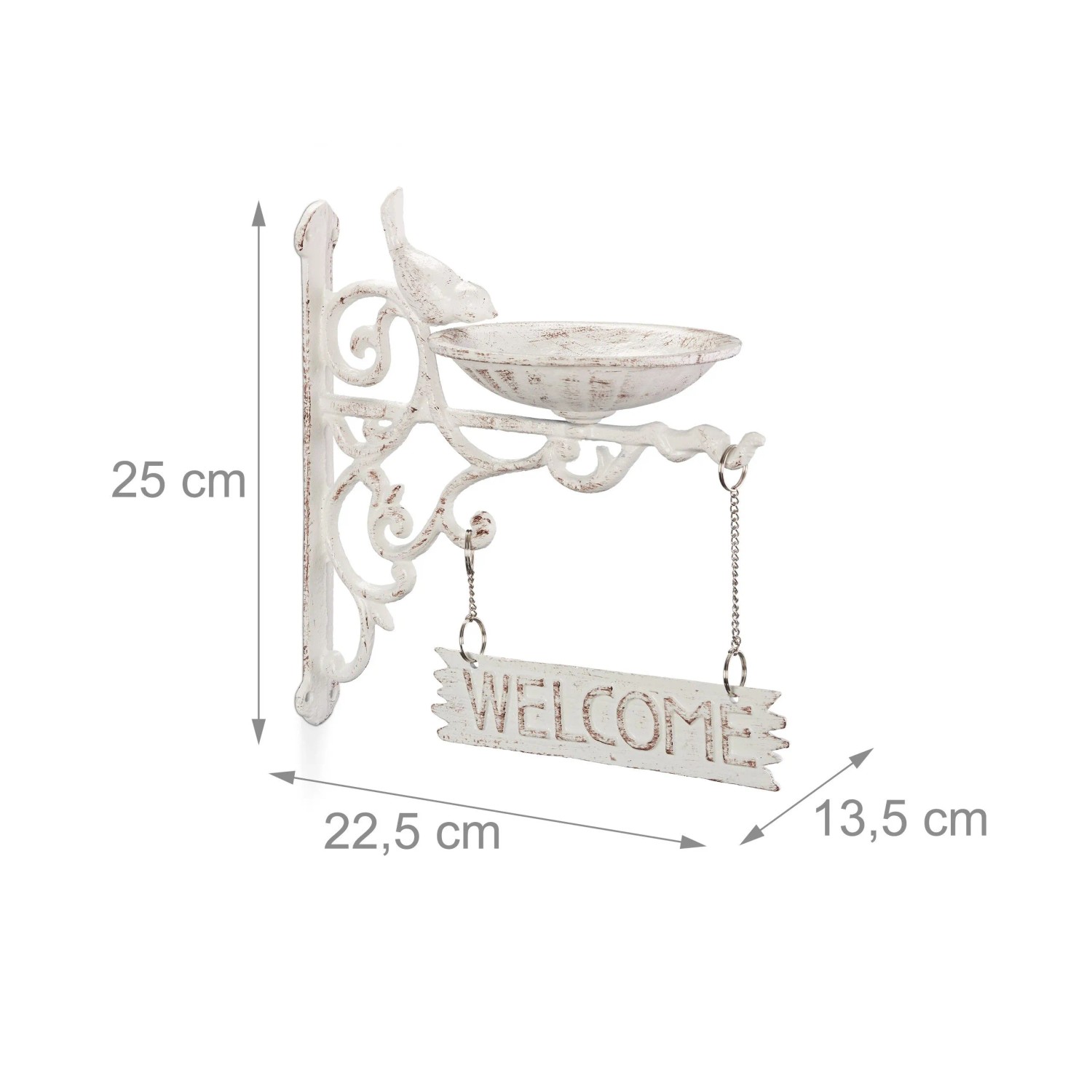Weiße Gusseisen Vogeltränke zur Wandmontage mit Welcome-Schild und Vogeldekor. Wetterfest für Garten & Balkon.