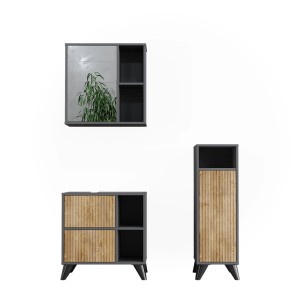 Vicco Badmöbel-Set Leano, 3-teilig, Anthrazit/Bergeiche: Spiegelschrank, Waschbecken- und Midischrank.