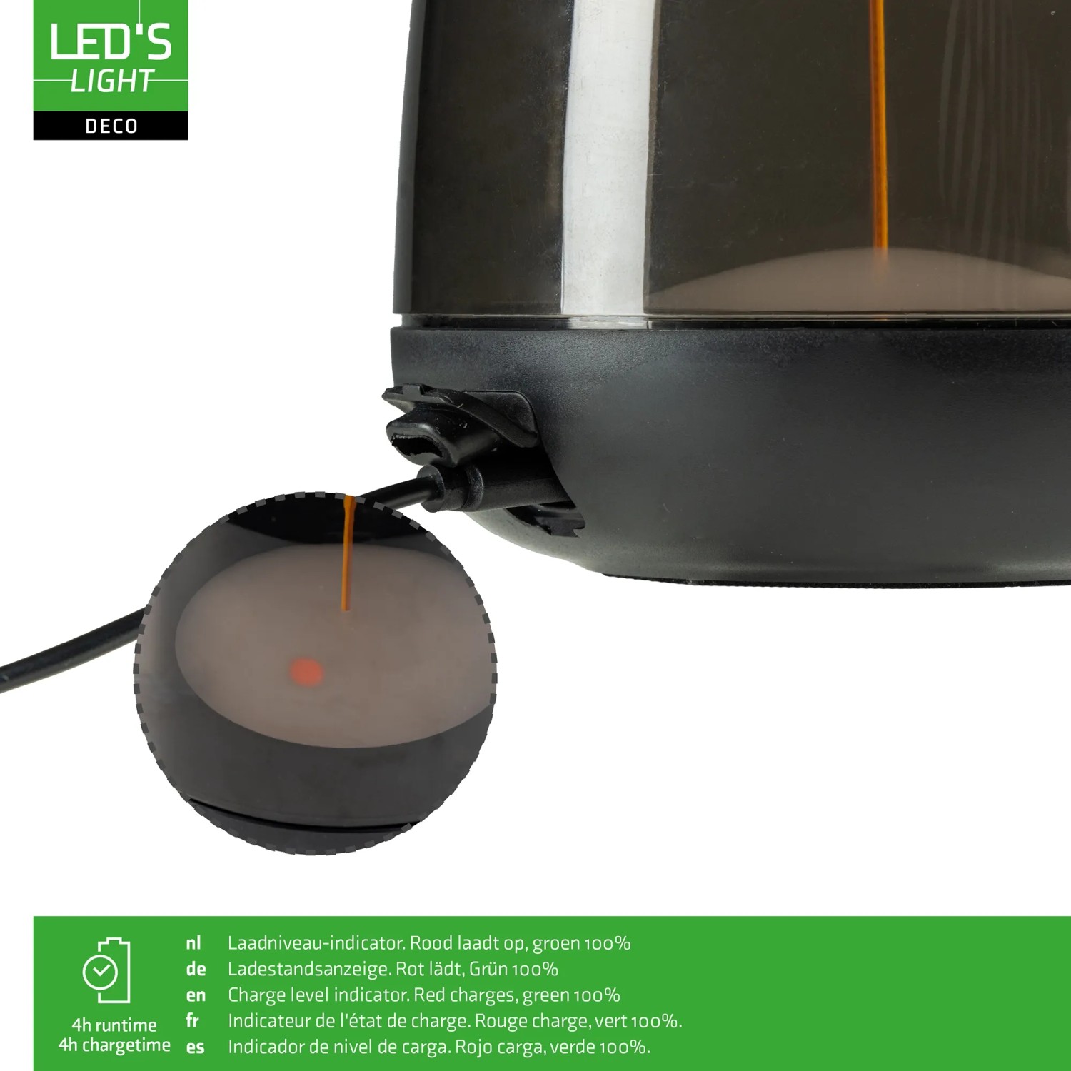 Detailaufnahme der LED Akku Tischleuchte mit Ladeanzeige (rot).