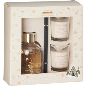 Duft-Set Elfenbein: Diffuser, Duftstäbchen und 2 Bourbon Vanille Duftkerzen im weihnachtlichen Geschenkkarton.