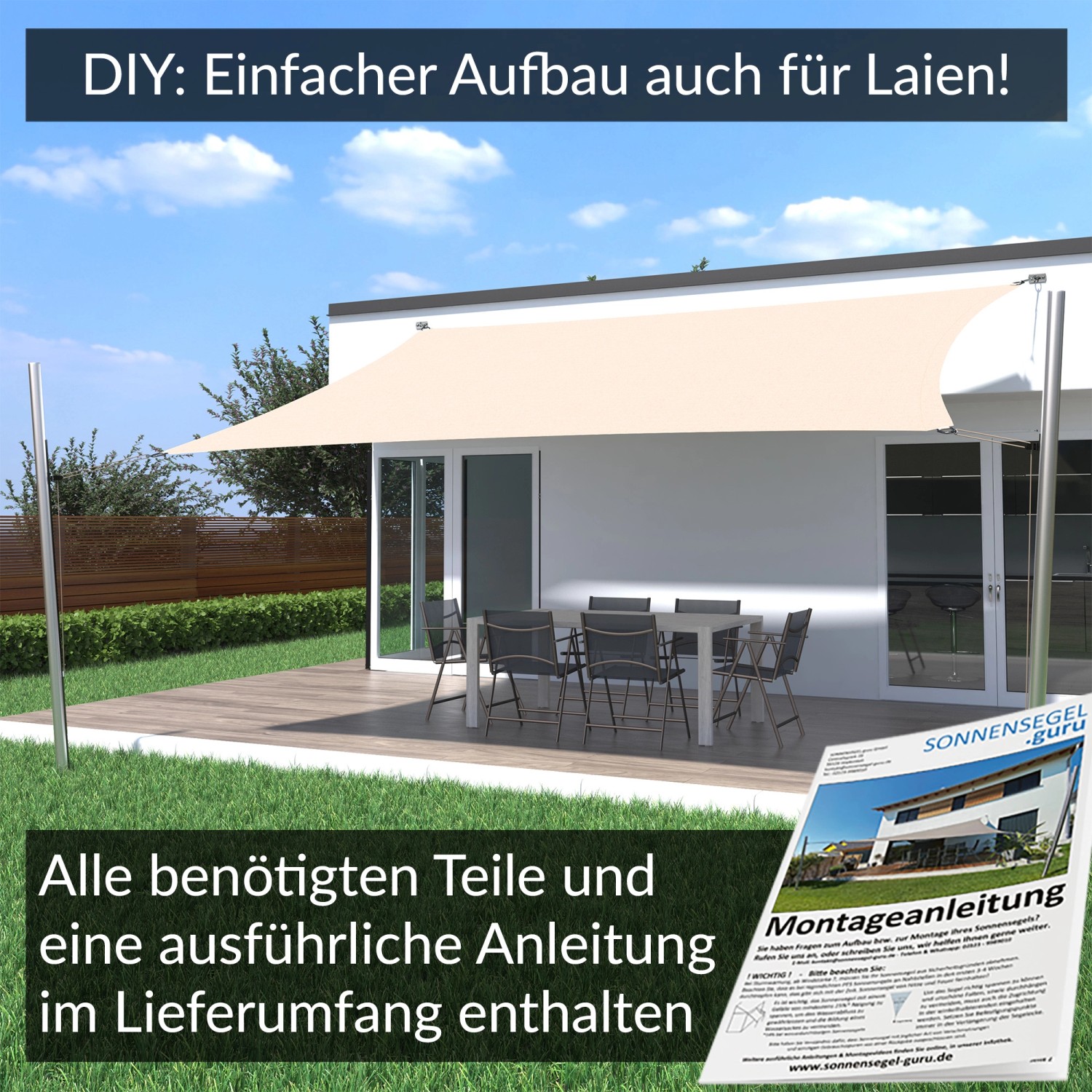 Toldoro Sonnensegel Komplettset 4x3m UPF50+ mit Befestigungsmaterial