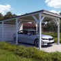 Holzbrüder Carport Ralf mit Geräteraum, reinweiß, 300x868cm, dunkelbraunes Dach.
