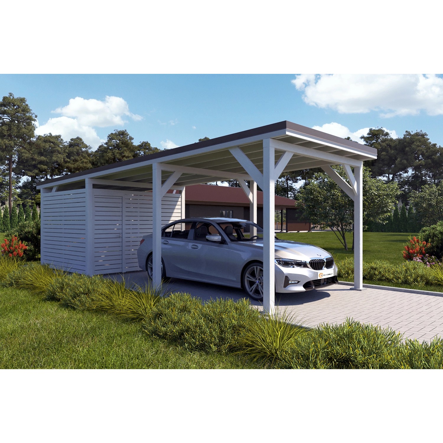 Holzbrüder Carport Ralf 26m² mit Geräteraum Reinweiß-Dunkelbraun günstig online kaufen
