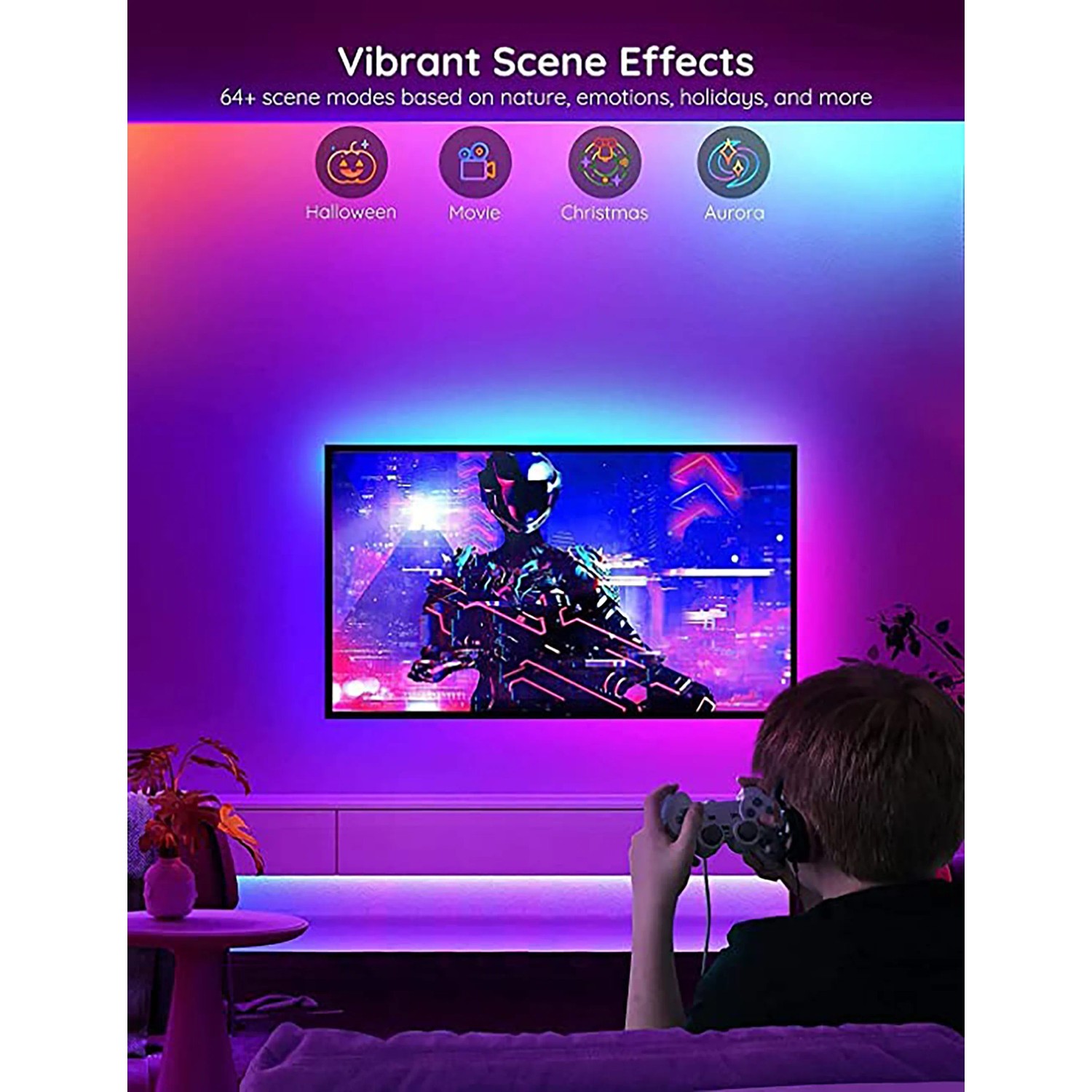 Govee RGBIC LED-Streifen 5m: Ambientebeleuchtung hinter TV mit diversen Farbeffekten.