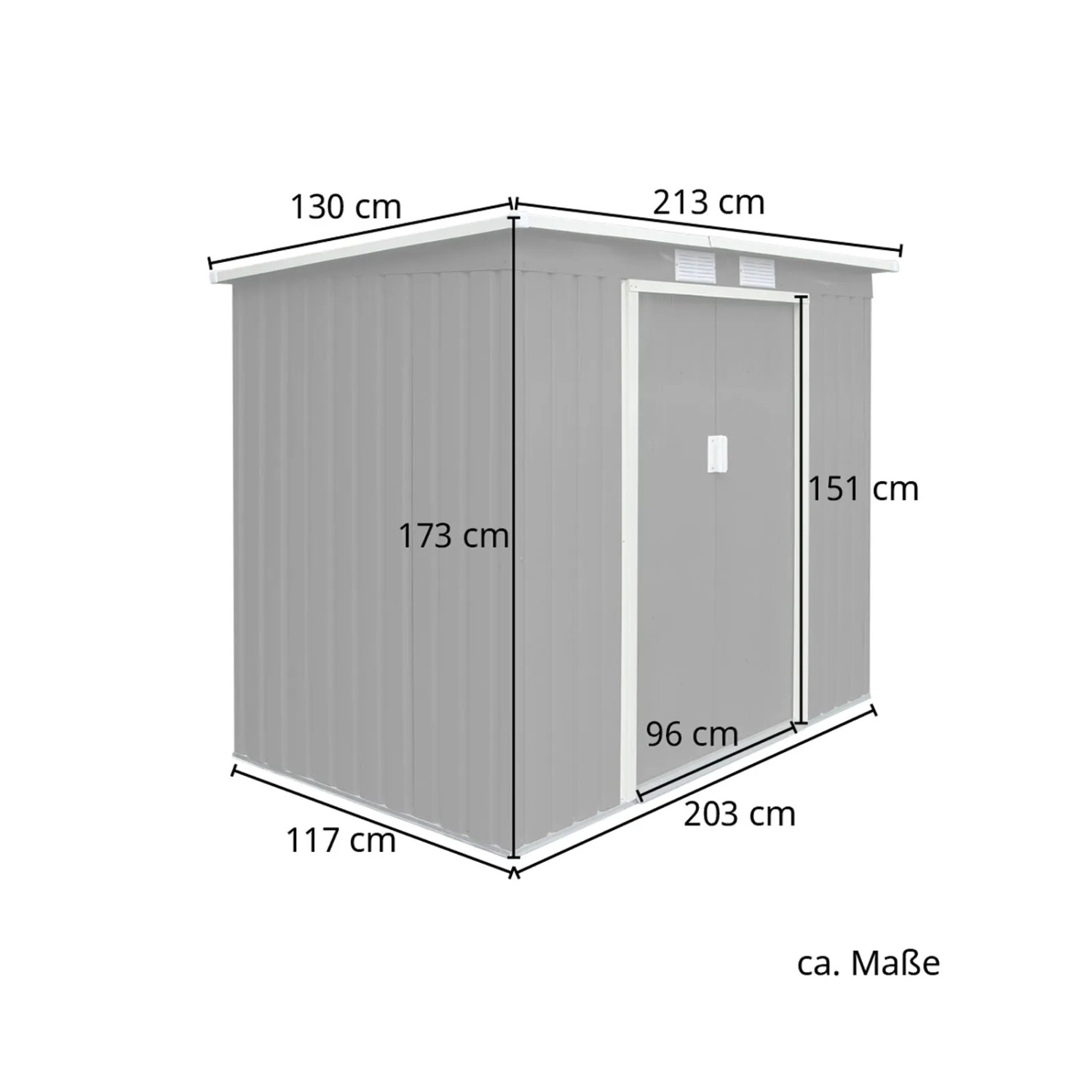 Hattoro P100 Gerätehaus aus Metall, hellgrau, mit Maßangaben. Ideal zur Garten Geräte Aufbewahrung.