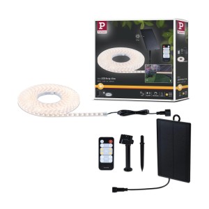 10m Solar LED Strip warmweiß mit Solarpanel, Erdspieß und Fernbedienung für Außenbeleuchtung.