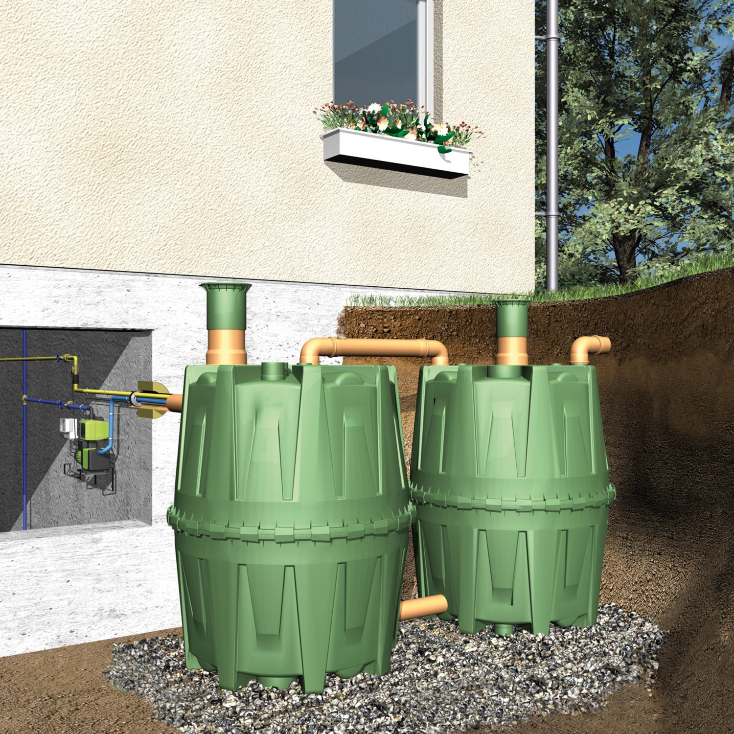 Garantia Zisterne Herkules 1600 l, grüne Erdtanks für Garten und Keller, verbunden.