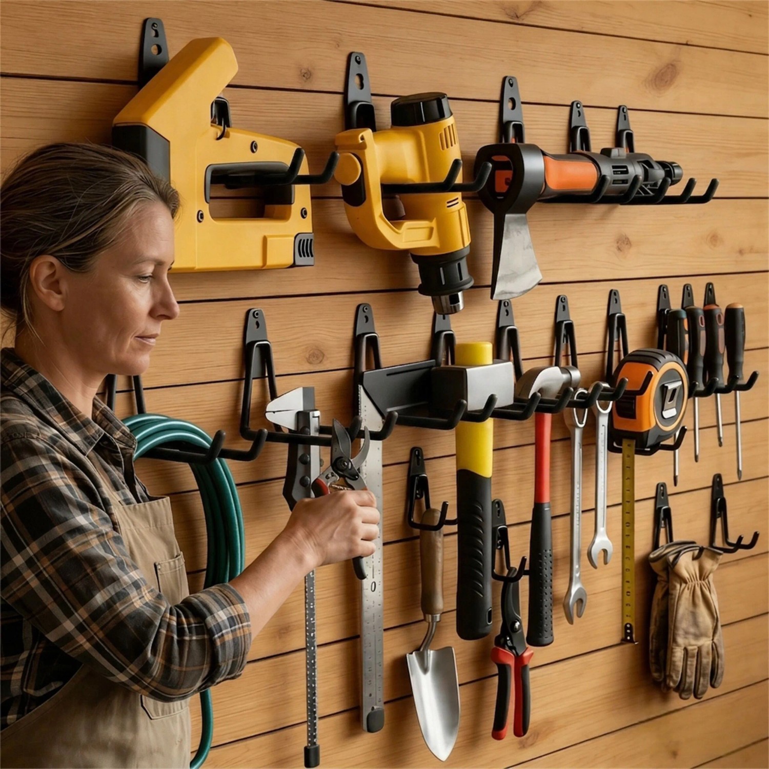 Schwarzes Relaxdays Wandhaken Set aus Edelstahl/PVC mit Werkzeugen an Holzwand. 12-teiliges Ordnungssystem für Garage/Werkstatt.