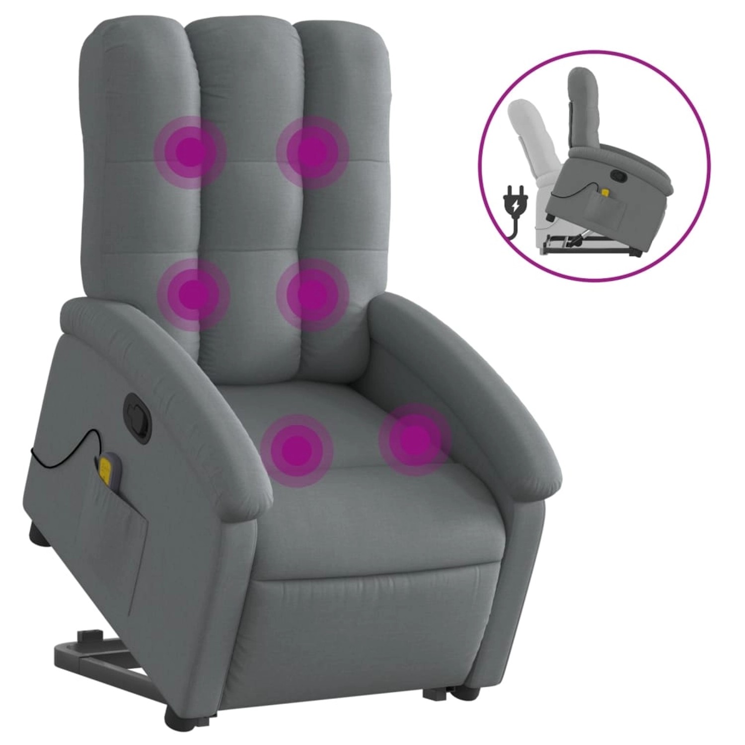 Dunkelgrauer vidaXL Massagesessel mit Aufstehhilfe aus Samt mit Vibrationsmassage.