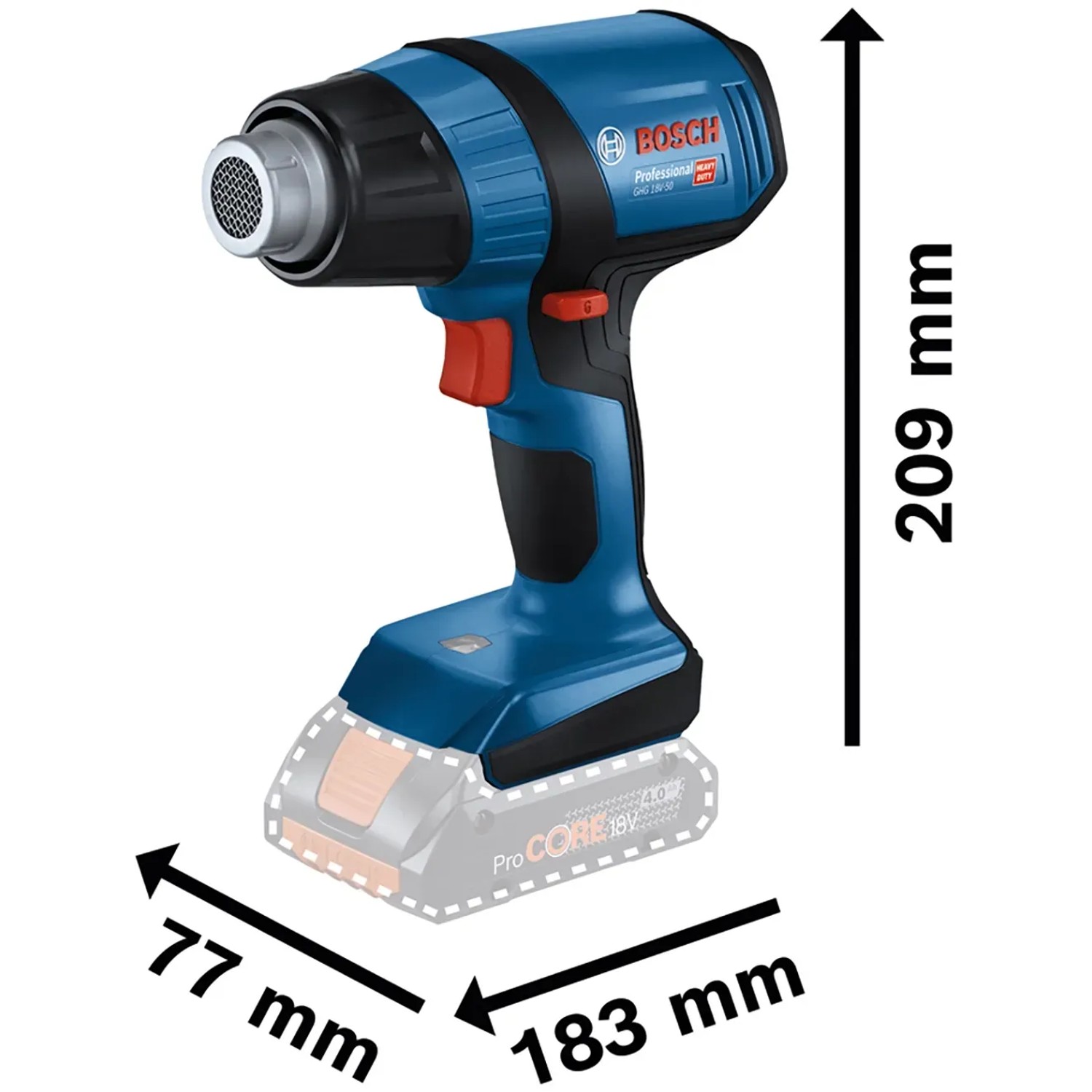 Bosch Professional Akku-Heißluftgebläse GHG 18V-50 Solo in L-Boxx mit Maßangaben.