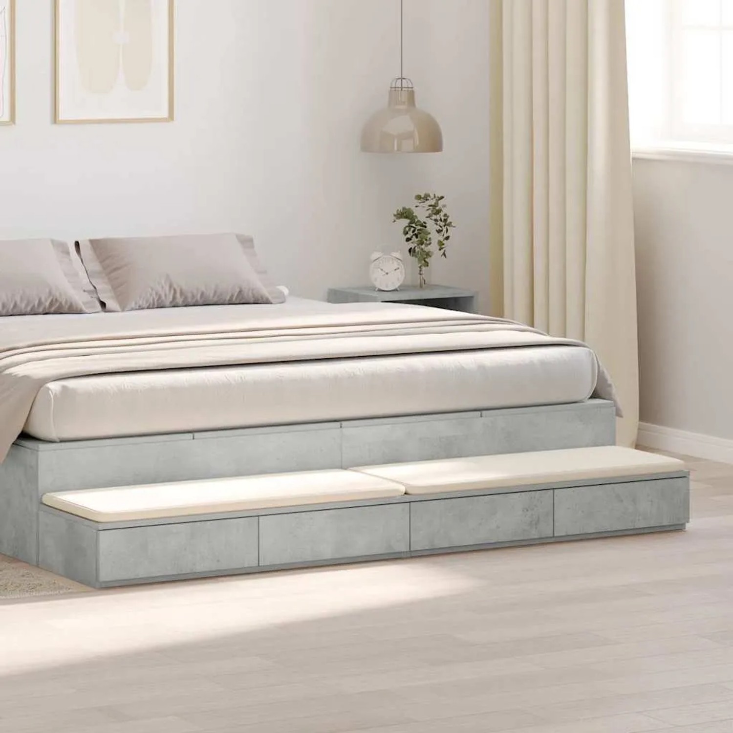 vidaXL Bettschubladen Betongrau aus Holzwerkstoff mit Schubladen und Sitzflächen unter modernem Bett.