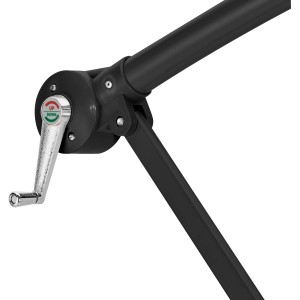 Detailaufnahme: Kurbelmechanismus zum Öffnen und Schließen des Gartenfreunde Ampelschirms.