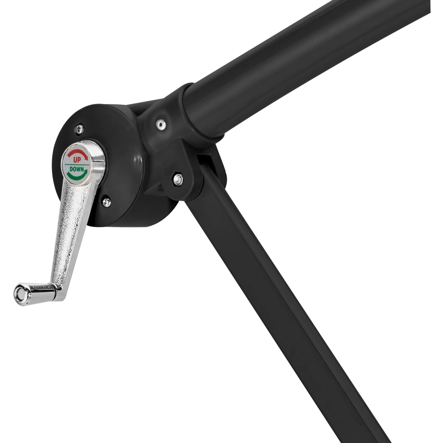 Detailaufnahme: Kurbelmechanismus zum Öffnen und Schließen des Gartenfreunde Ampelschirms.
