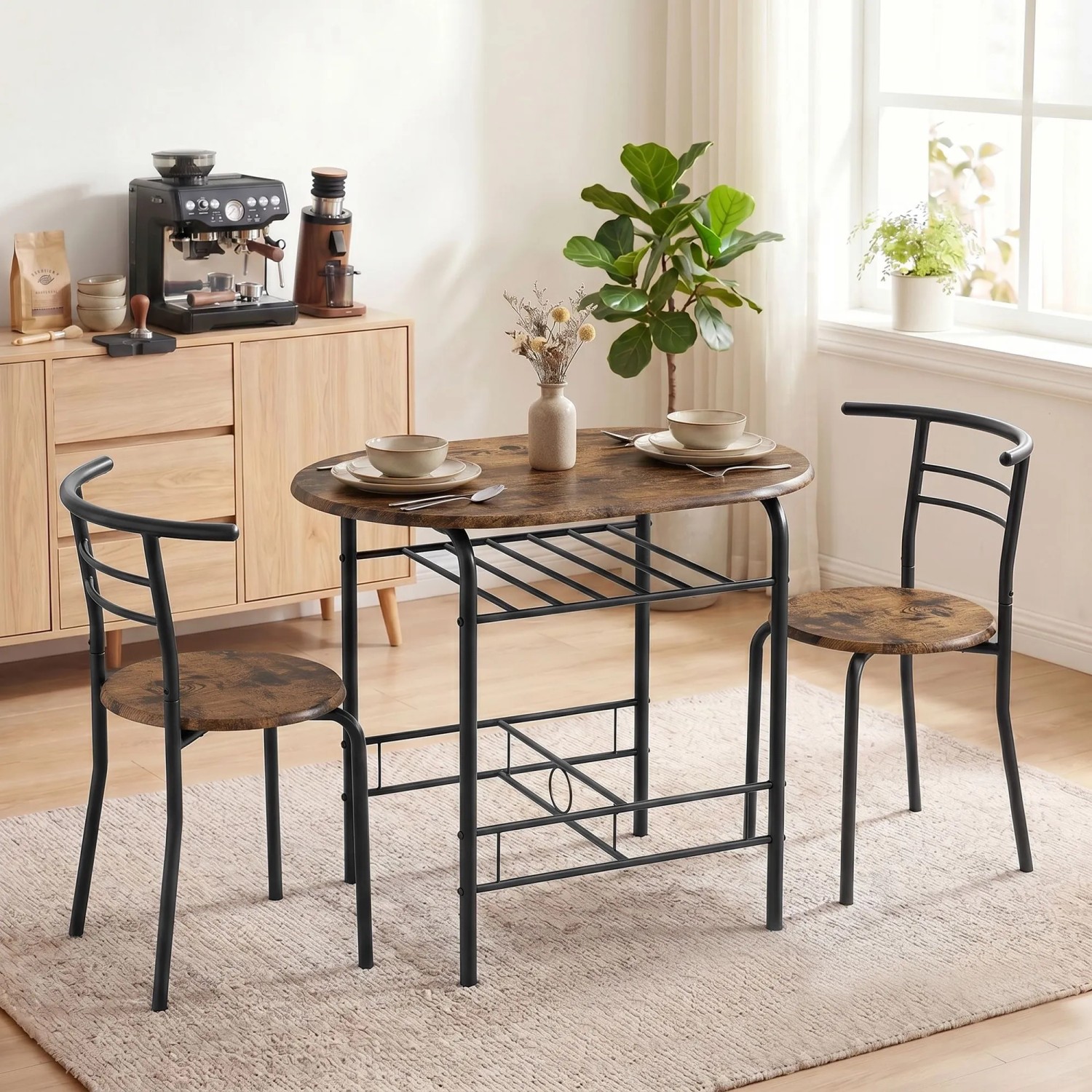 HOMCOM Essgruppe: Rustikal-brauner Tisch, zwei Stühle, MDF/Metall. Platzsparendes Design mit Ablagefach.