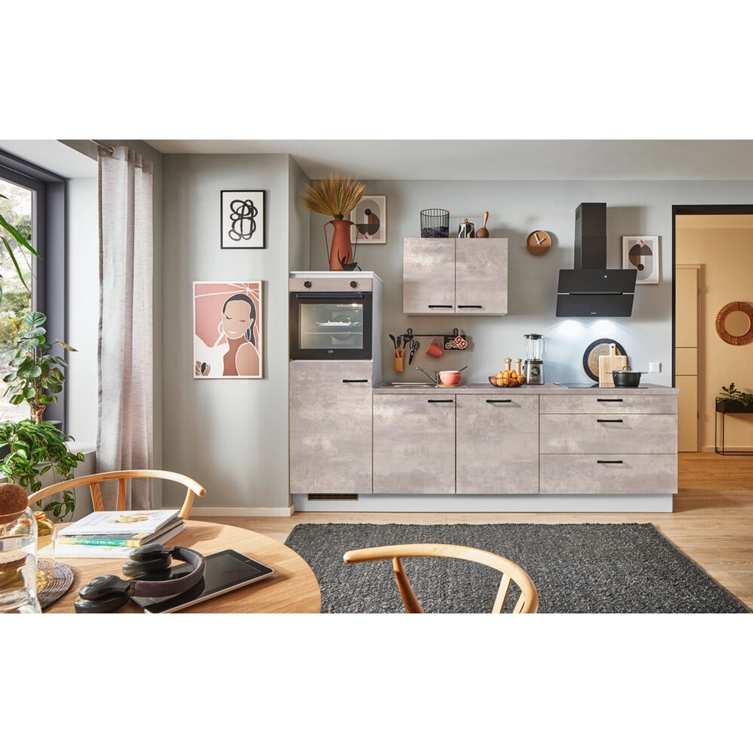 pino Küchenzeile 250 cm Beton Perlgrau Anschlag,inks 1 Geräteschrank günstig online kaufen