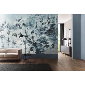 Erismann Fototapete Guido Maria Kretschmer Kraniche Blau, 4,0x2,7m, im Wohnraum.