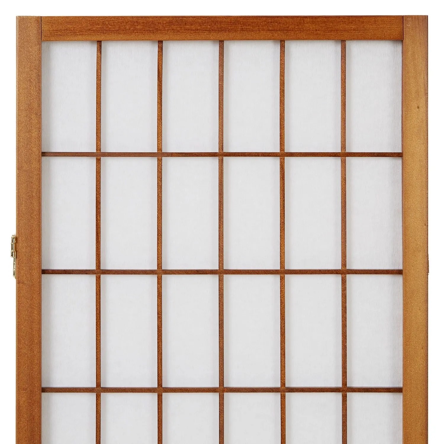Brauner Holz-Paravent mit weißem Shoji Reispapier, Gitterstruktur. Faltbarer Raumteiler als Sichtschutz.