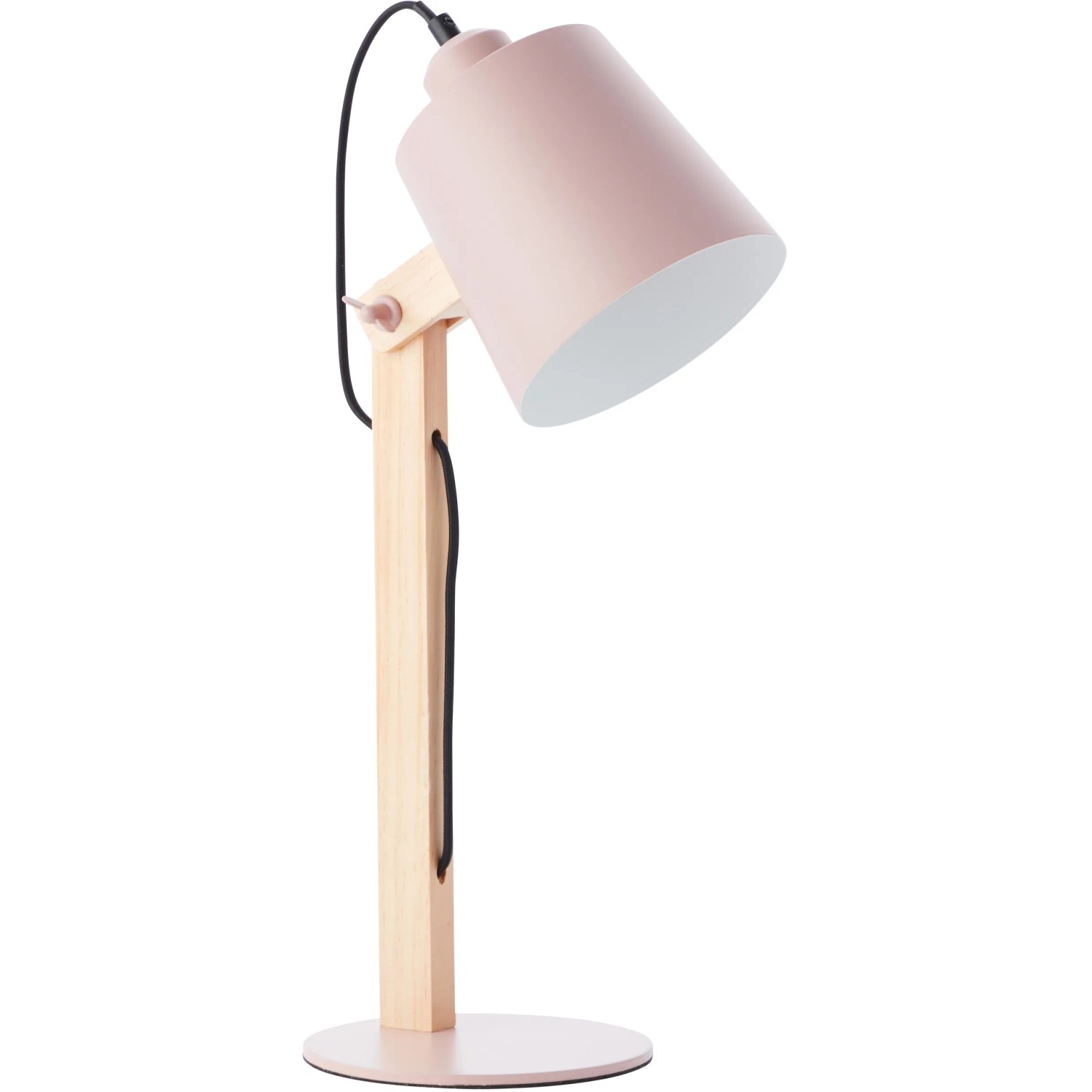 Rosa Tischleuchte Swivel mit Holzfuß, schwenkbar für optimales Licht.