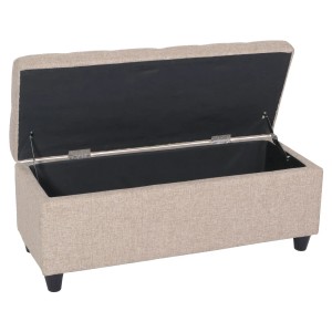 Beige Aufbewahrungstruhe Kriens aus Stoff mit aufklappbarem Deckel und Stauraum.