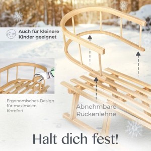 Holzschlitten mit abnehmbarer Rückenlehne für Kinder, Detailaufnahme.