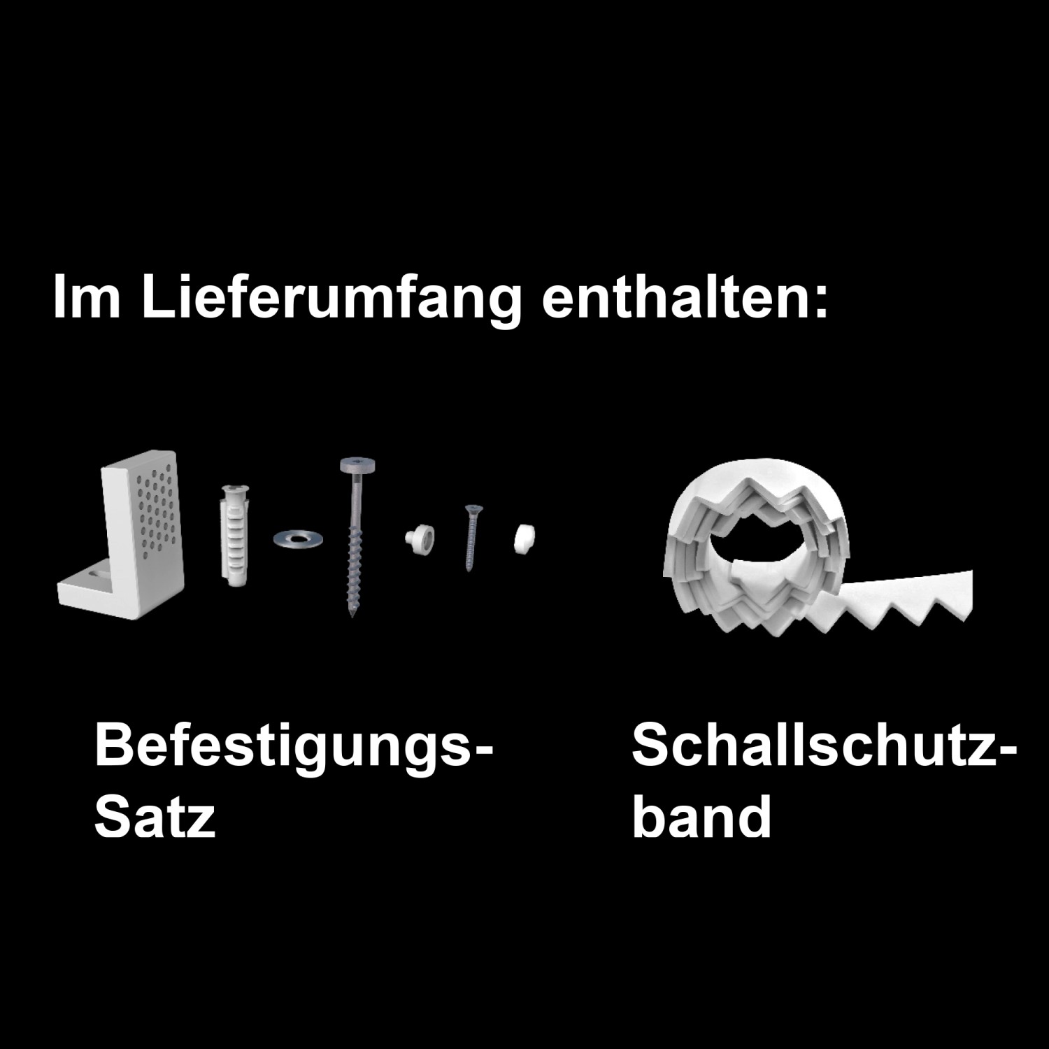 Zubehör für Domberg Stand-WC: Befestigungssatz und Schallschutzband im Lieferumfang.