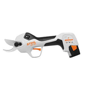 Stihl Akku-Astschere ASA 20, weiß-schwarz mit orangefarbenem Griff. Für präzise Schneidarbeiten an Bäumen & Sträuchern.