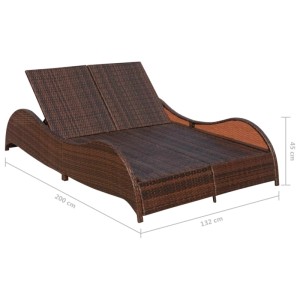 Braune vidaXL Doppel-Sonnenliege aus Rattan mit creme-weißer Auflage. Verstellbare Rückenlehne.