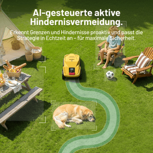 Gelber VONKO M200 Mähroboter mit AI-Vision umfährt Hund, Kind und Ball auf grünem Rasen. Kabellose Navigation.