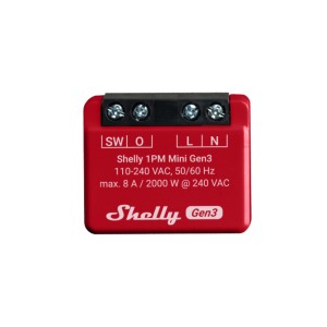 Rotes Shelly Relaismodul Plus 1PM Mini G3 für die Hausautomation, Detailansicht.
