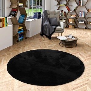 Schwarzer, runder Fellteppich "Pergamon Luxus Super Soft" 160x160cm. Weicher Kunstfellteppich.