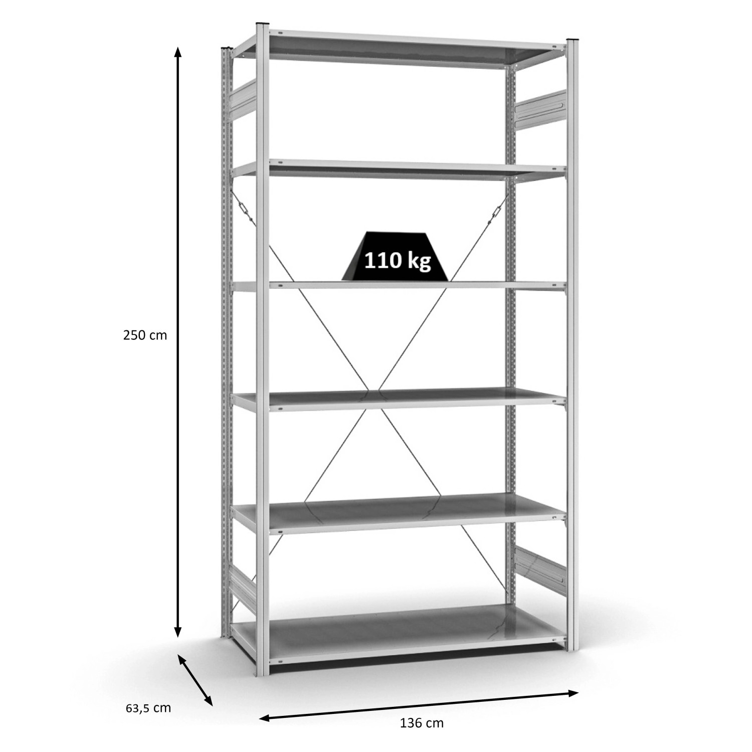 Verzinktes PROREGAL Profi Lagerregal Stecksystem, 250x130x60 cm, mit 6 Fächern für Lasten bis 110 kg.