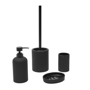 4-teiliges Badaccessoires Set aus schwarzer matter Keramik: Seifenspender, WC-Garnitur, Seifenablage, Zahnbürstenbecher.
