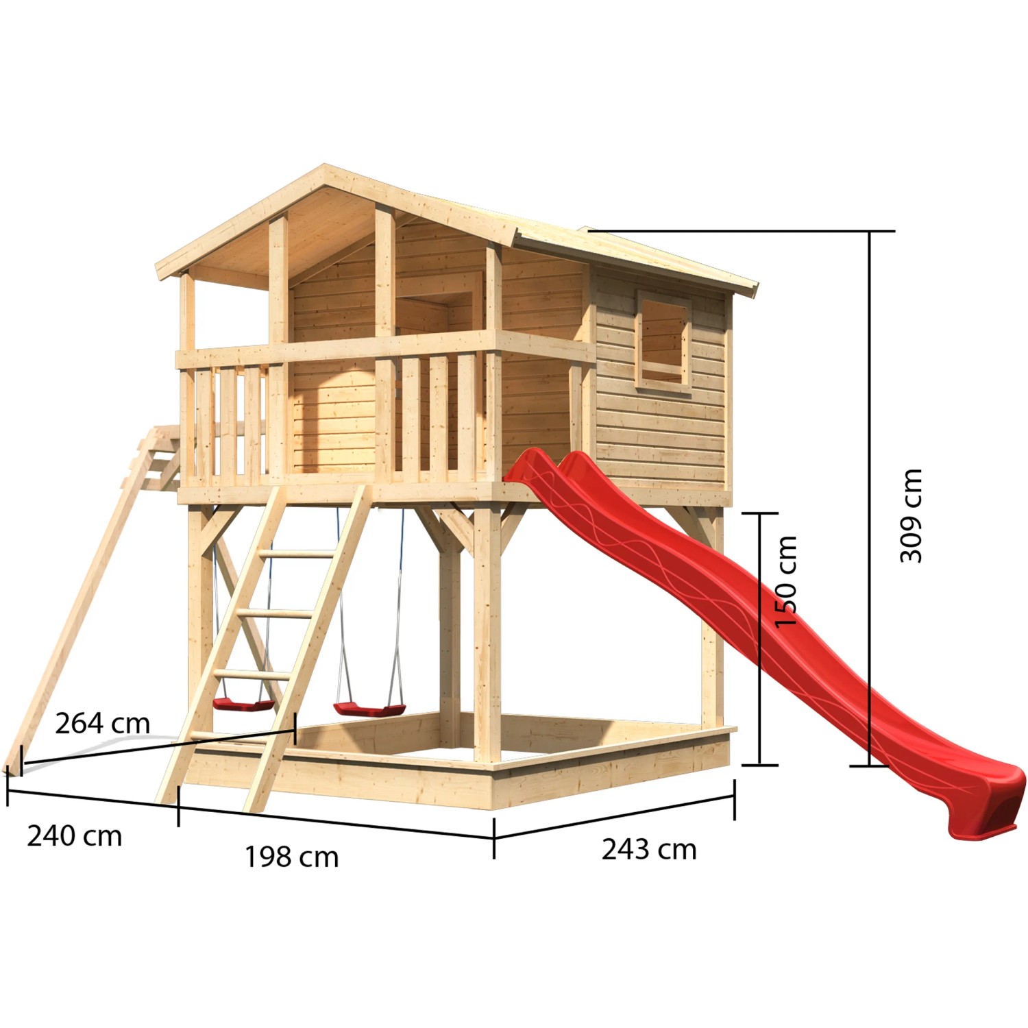 Karibu Stelzenhaus Benjamin mit Doppelschaukel und roter Rutsche, aus Holz.