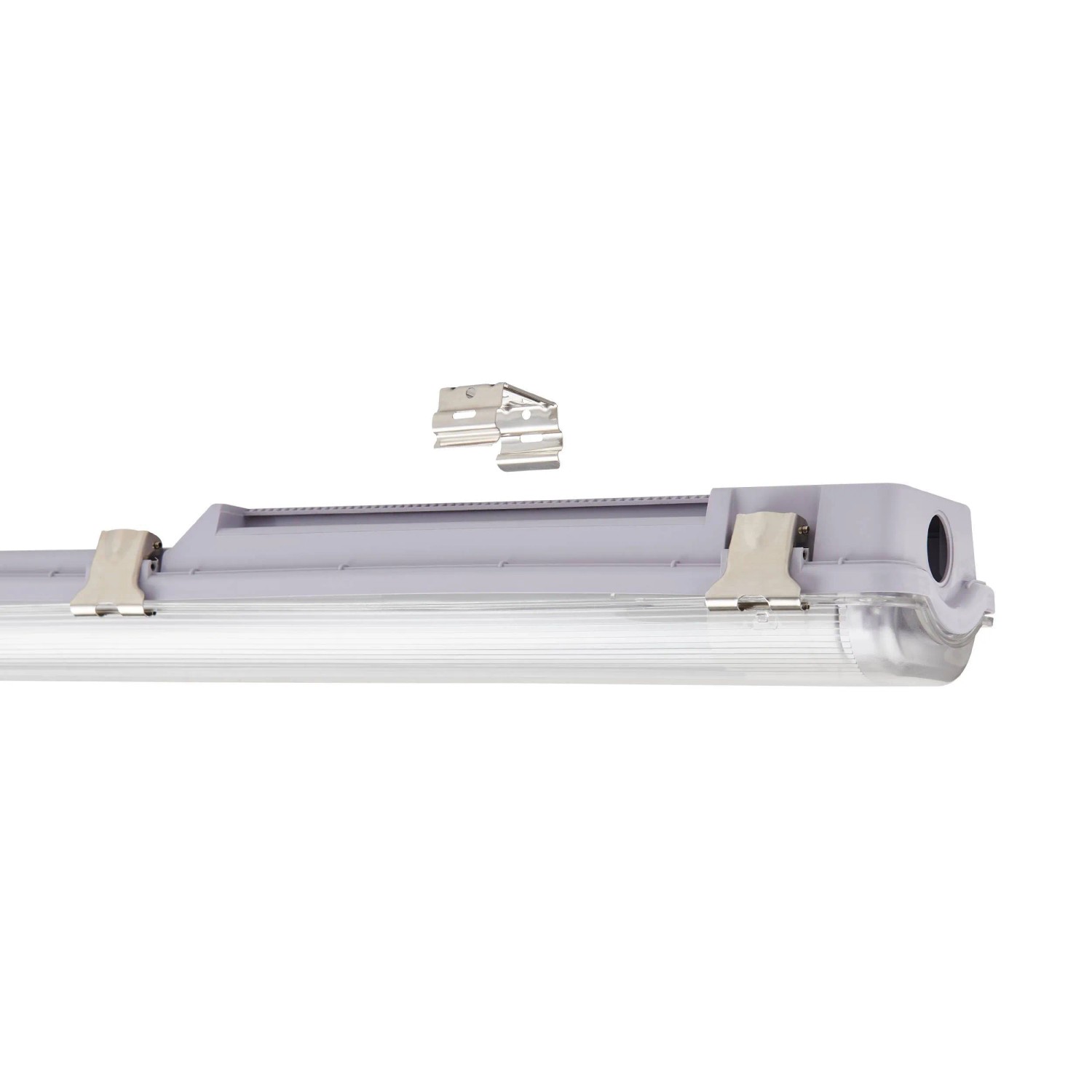 Graue Eglo LED-Feuchtraumleuchte Basic, 2-flammig, 126 cm, mit Befestigungsclips.