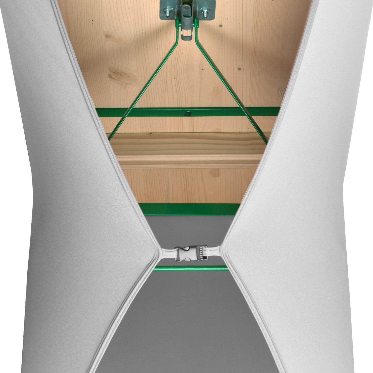 Detailansicht: Weiße Beautissu Victoria Biertischhusse (3-teilig) mit Stretch und Befestigungsclip.